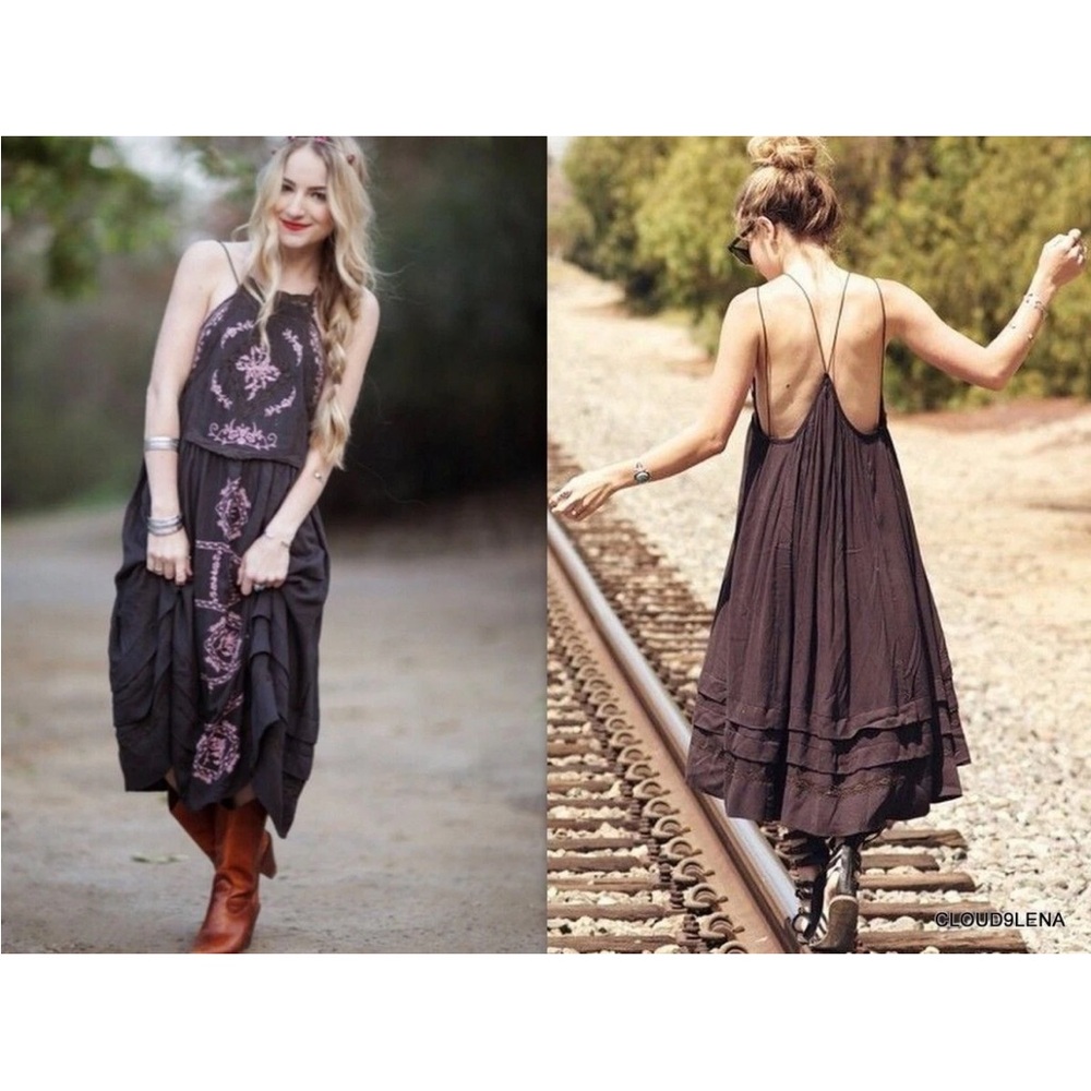 Free People Black Diamonds In The Sky Embroidered Boho Festival Dress Rare - Med